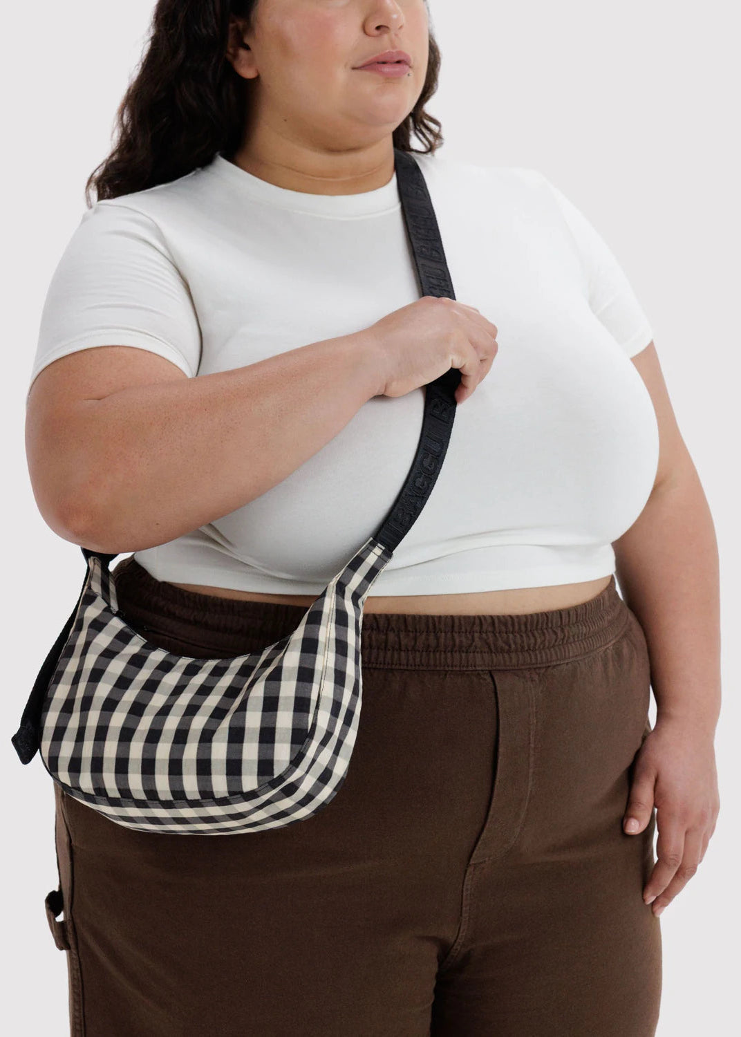 Baggu Small Nylon Crescent Bag in Black and Cream Gingham