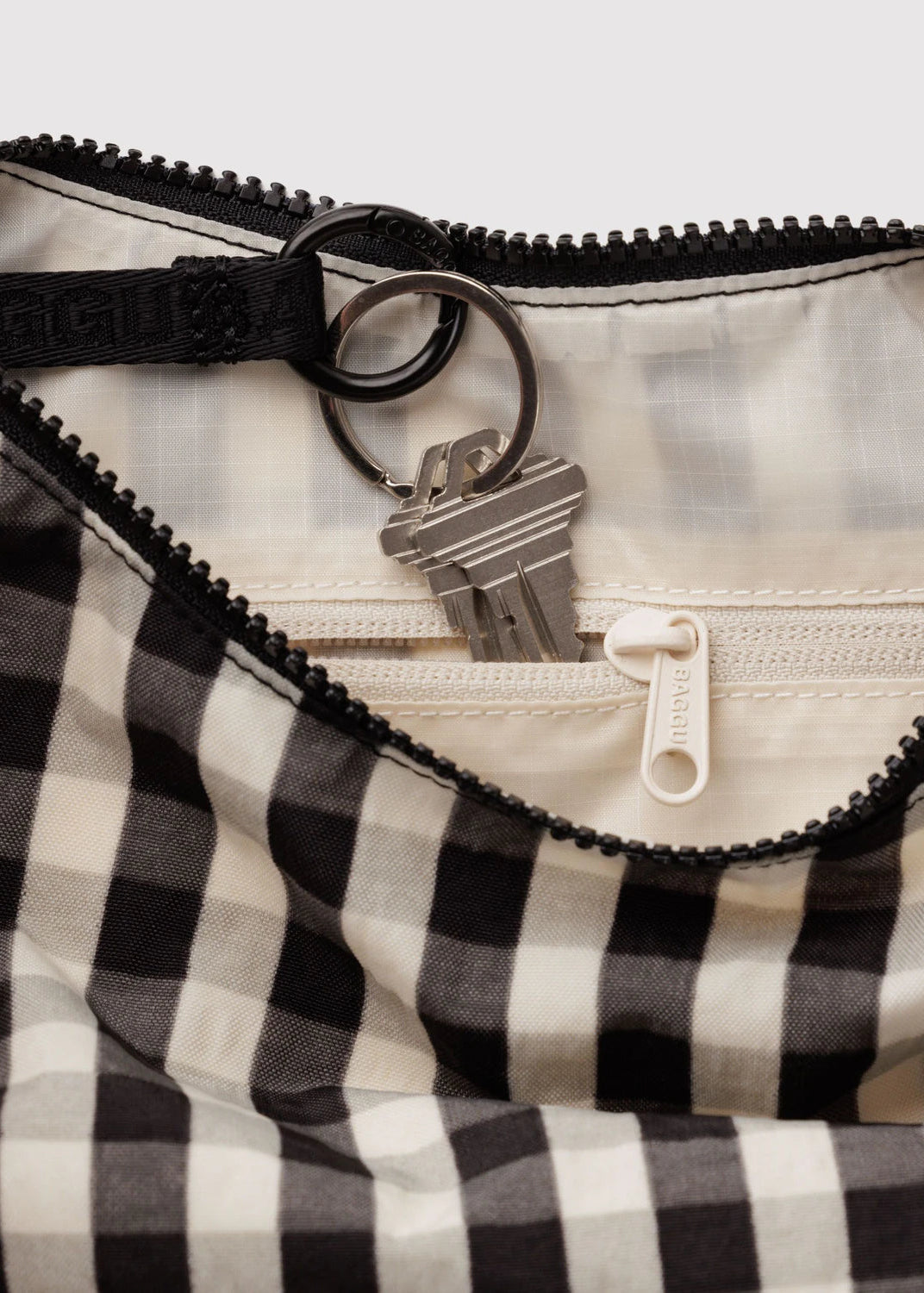 Baggu Small Nylon Crescent Bag in Black and Cream Gingham