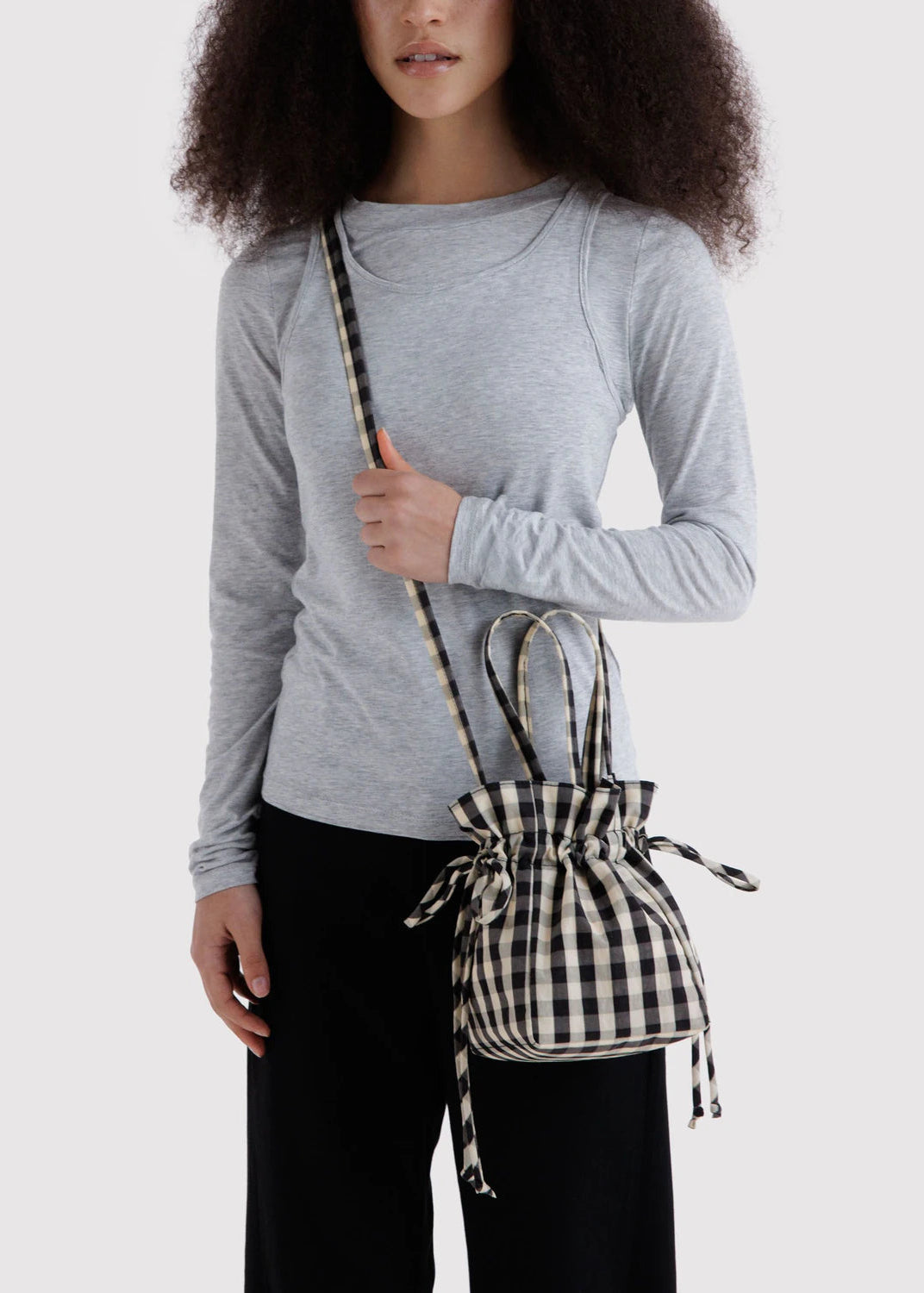 Baggu Drawstring Bag in Black and Cream Gingham