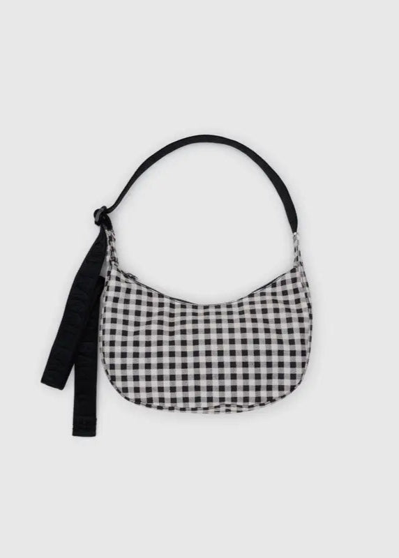 BAGGU Small Nylon Crescent Bag in Black & White Gingham