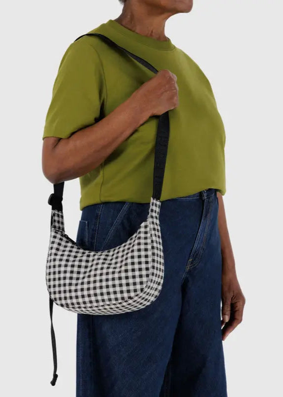 BAGGU Small Nylon Crescent Bag in Black &amp; White Gingham