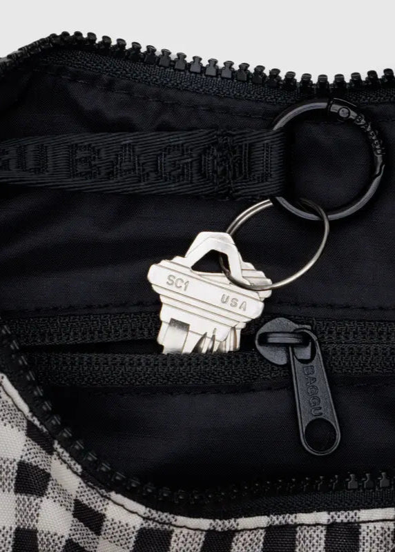 BAGGU Small Nylon Crescent Bag in Black &amp; White Gingham