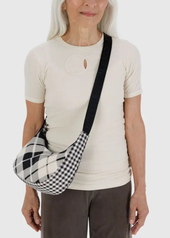 BAGGU Small Nylon Crescent Bag in Mixed Plaid