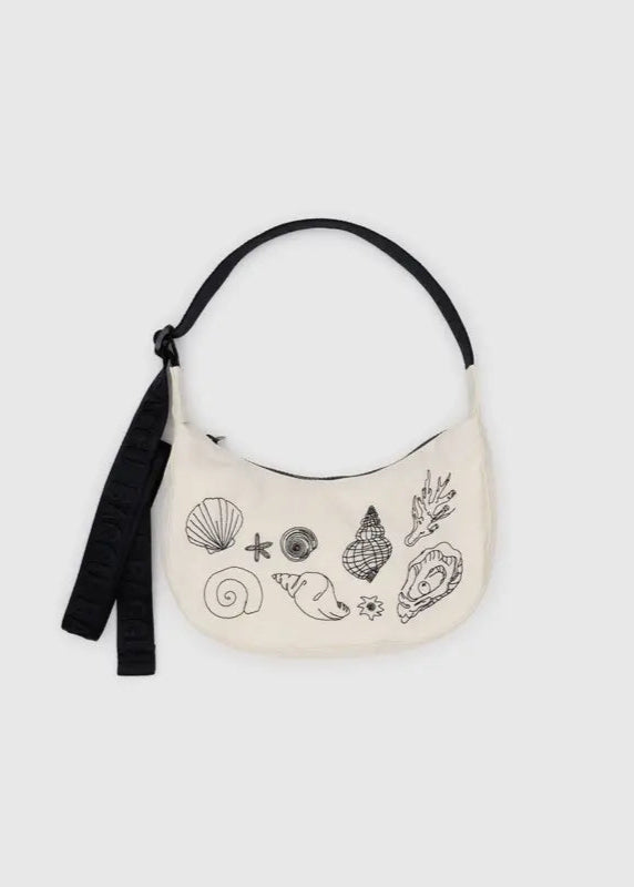 BAGGU Small Nylon Crescent Bag in Embroidered Shells