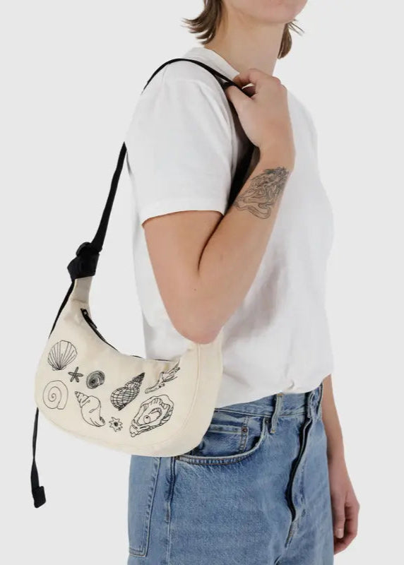 BAGGU Small Nylon Crescent Bag in Embroidered Shells