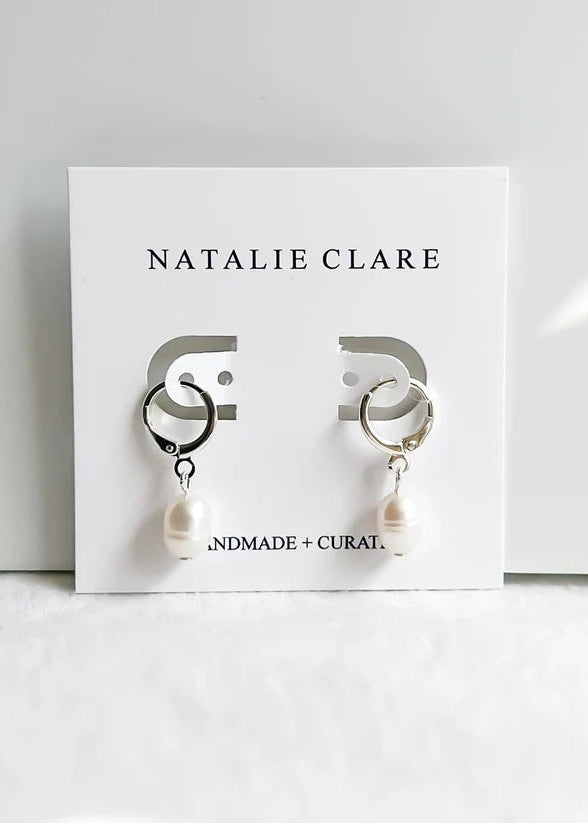 Natalie Clare Silver Pearl Huggie Hoops