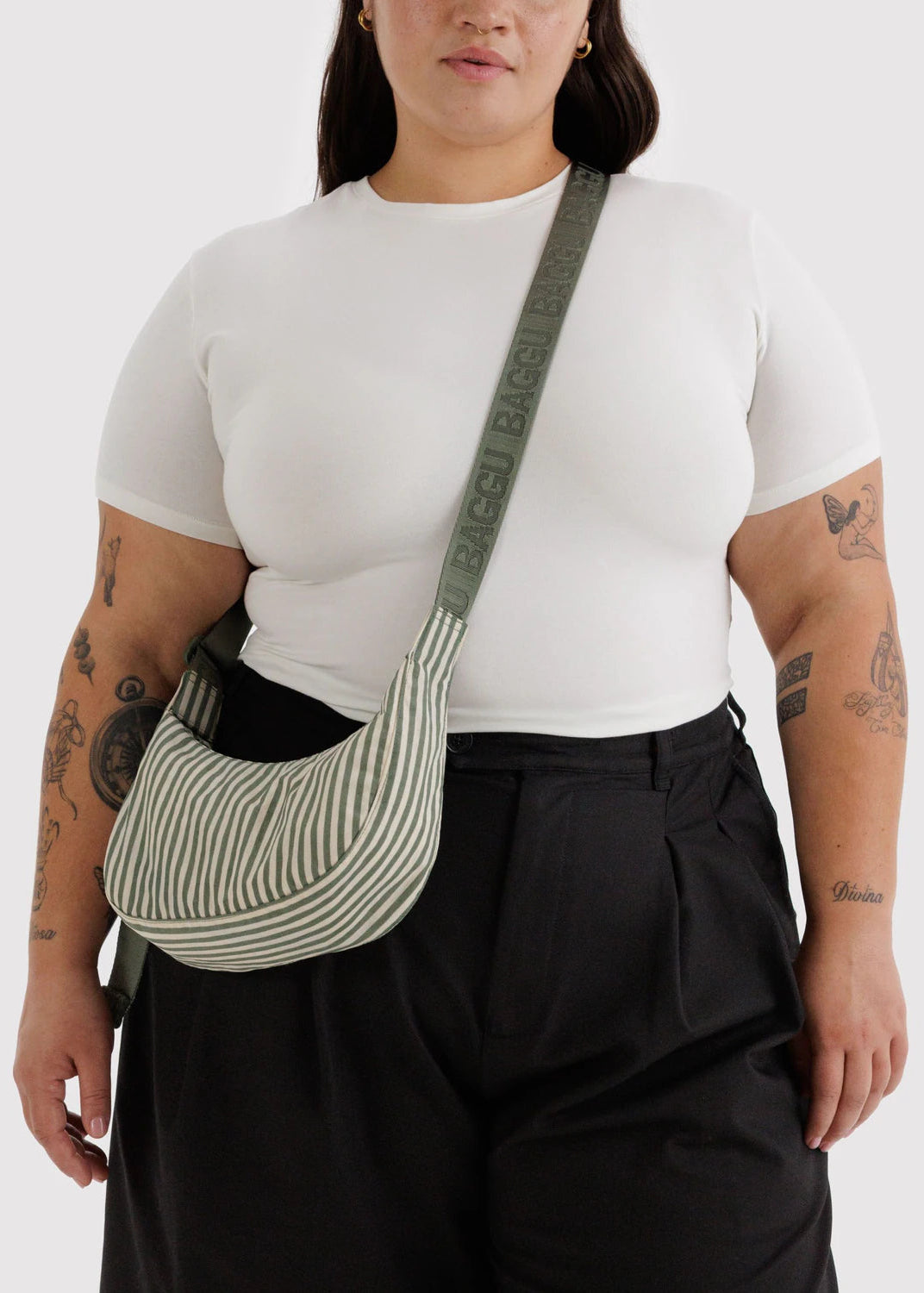 Baggu Small Crescent Bag in Sage Stripe